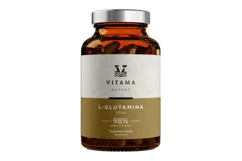Butelka suplementu diety L-Glutamina 1100mg, 98% substancji czynnych. Wspiera regenerację i odporność.