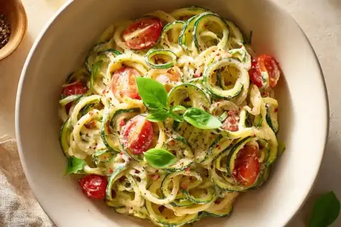 Eine Schüssel cremiger Pasta mit Zucchini, Kirschtomaten und frischem Basilikum, garniert mit Chiliflocken.