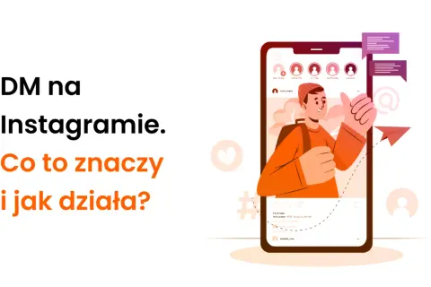 Ilustracja przedstawia smartfon z profilem na Instagramie, dymkami czatu i ikoną wysyłki.