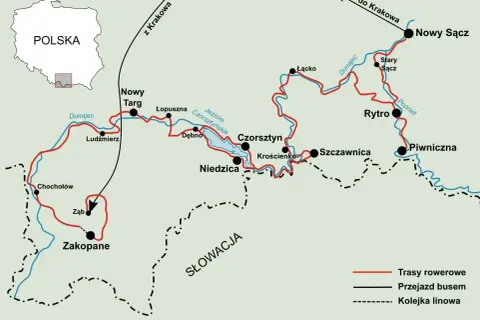 Mapa tras rowerowych wzdłuż Dunajca i Popradu, z zaznaczonymi miejscowościami jak Szczawnica, Niedzica, Czorsztyn, Nowy Targ i Zakopane.