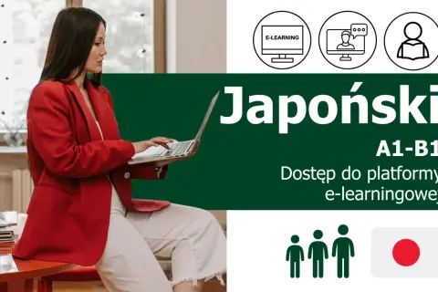 Kobieta uczy się japońskiego online. Kurs obejmuje poziomy A1-B1 i dostęp do platformy e-learningowej.