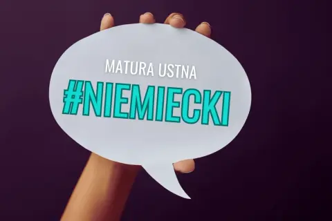 Dłoń trzyma białą chmurkę z napisem "MATURA USTNA #NIEMIECKI".