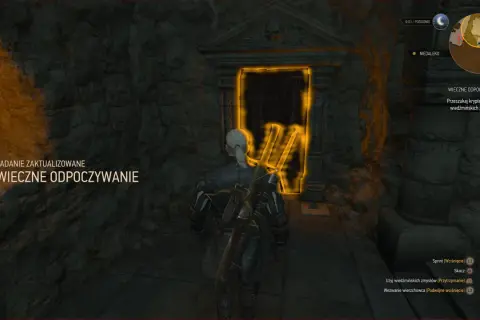Geralt stoi przed magicznie podświetlonym wejściem do krypty. Zadanie "Wieczne odpoczywanie" zaktualizowane.