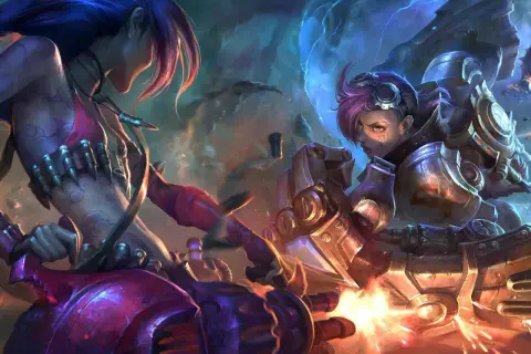Dwie postacie damskie z League of Legends w akcji. Jinx i Vi walczą, wystrzeliwując pociski i używając swoich mechanicznych ramion.