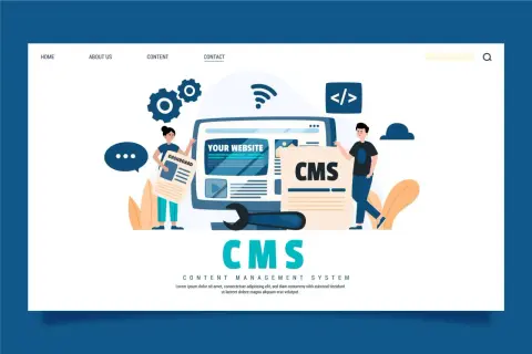 Ilustracja przedstawia ludzi pracujących nad systemami e-commerce, tworząc i zarządzając stronami internetowymi za pomocą CMS.