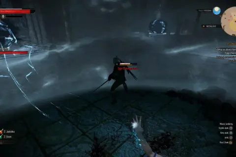 Geralt walczy z Ogarami Dzikiego Gonu w mrocznej lokacji. Keira Metz wspiera go magiczną osłoną. To trudne polowanie na czarownice w Wiedźmin 3.