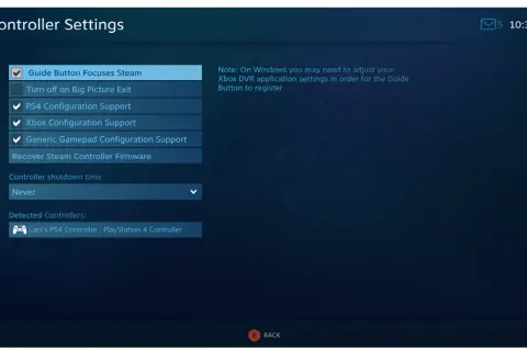 Ustawienia kontrolera Steam: zaznaczone opcje wsparcia dla kontrolerów PS4, Xbox i generycznych.