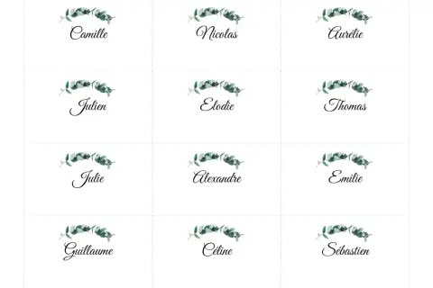 Marque-prenom pour table : Camille, Nicolas, Aurélie, Julien, Elodie, Thomas, Julie, Alexandre, Emilie, Guillaume, Céline, Sébastien.