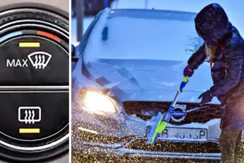 Klimatanläggningens reglage visar hur man ställer in temperatur i bilen på vintern. En person skrapar is från en snötäckt bil.