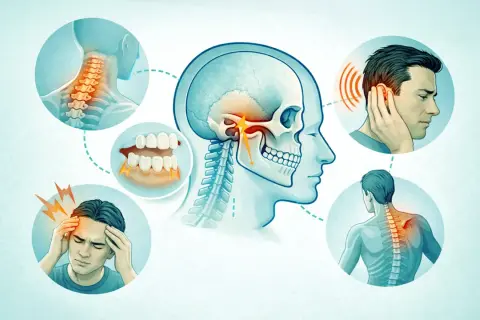 Illustrazione del disturbo temporo-mandibolare (ATM): dolore alla testa, orecchio, denti, collo e schiena.