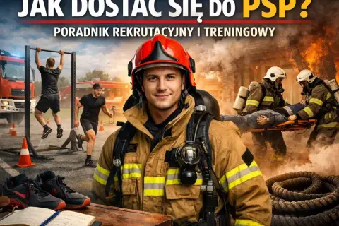 Chcesz wiedzieć, jak zostać strażakiem? Obraz pokazuje trening fizyczny, akcję ratunkową i sprzęt strażacki, wszystko co potrzebne do służby w PSP.
