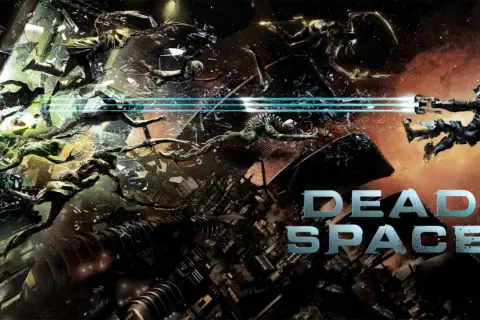 Isaac Clarke strzela do nekromorfów w przestrzeni kosmicznej. Napis "DEAD SPACE 2".