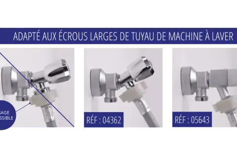 Robinet machine à laver chromé, avec adaptateur pour tuyau. Différents modèles présentés.