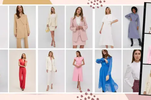 Eleganckie komplety na komunie dla mamy: różowe garnitury, beżowy płaszcz, białe i kremowe zestawy, czerwony kombinezon, sukienki.