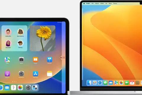 Nowe urządzenia Apple z promocją apple zniżka studencka. Widok ekranu iPada z aplikacjami oraz MacBooka z dynamiczną tapetą.