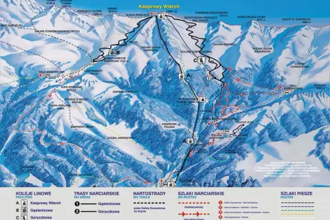 Mapa Tatr z zaznaczonymi szlakami pieszymi na Kasprowy Wierch.