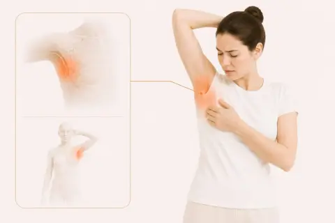 Kvinna känner smärta i armhålan, illustrerad med en röd glöd. Anatomiska bilder visar orsaken till ont i armhålan.