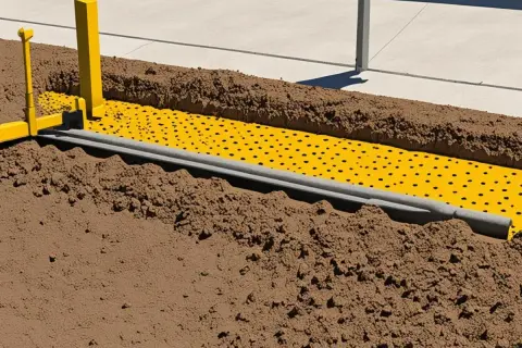 Przygotowanie podłoża pod ogrodzenie: żółta perforowana mata i rura w wykopie. Beton pod ogrodzenie będzie stabilny.