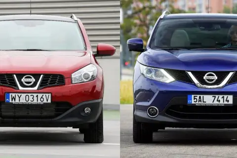 Dwie generacje Nissan Qashqai: czerwony starszy model i niebieski nowszy, z kierowcą w środku.
