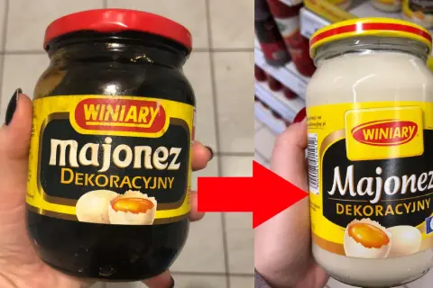 Dwa słoiki majonezu Winiary Dekoracyjny, jeden ciemny, drugi jasny, połączone czerwoną strzałką.
