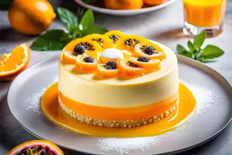 Un délicieux entremet orange, garni de fruits frais et de baies noires, repose sur un lit de sauce orange vif.