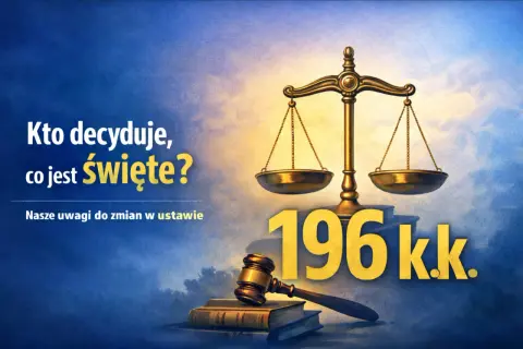 Waga sprawiedliwości i młotek sędziowski symbolizują prawo, które chroni wolność słowa. Pytanie "Kto decyduje, co jest święte?" i numer 196 kk. sugerują debatę prawną.