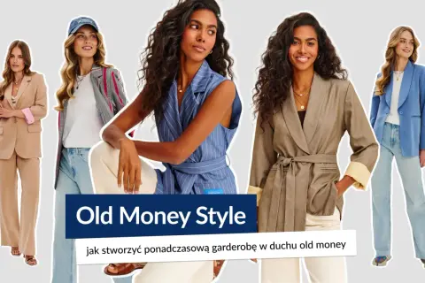 Pięć kobiet prezentuje stylizacje w duchu old money: garnitury, marynarki i eleganckie spodnie.