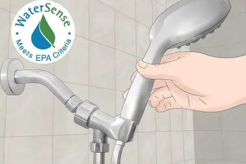 A hand holds a new shower head, ready to replace the old one. The WaterSense label indicates it meets EPA criteria for water efficiency.