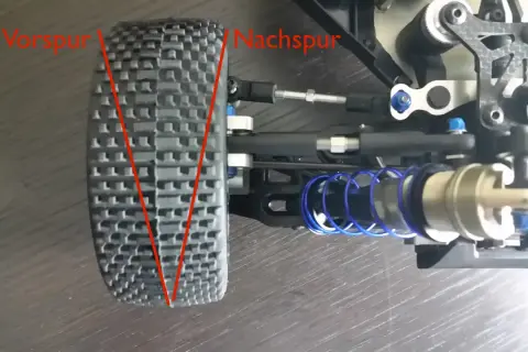 Detailaufnahme der Vorderachse eines RC-Autos. Die roten Linien zeigen die Vorspur und Nachspur des Rades.