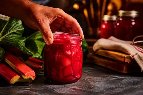 Hand reaches for a jar of glistening rhabarber kompott. Fresh rhubarb stalks and leaves are nearby.