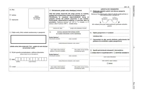 Wniosek o paszport druk: pole wyboru płci, miejsce na zdjęcie, zgoda rodziców, dane urzędowe, opłata, potwierdzenie tożsamości.