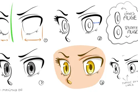 Anime-Augen-Tutorial: Verschiedene Darstellungen und Schritt-für-Schritt-Anleitungen zum Zeichnen.