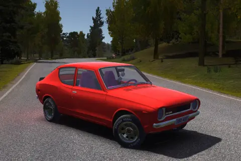 Czerwony, klasyczny samochód na letniej drodze, gotowy na przygodę w grze "my summer car".