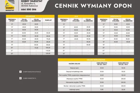 Cennik wymiany opon dla samochodów osobowych, 4x4 i dostawczych. Sprawdź, ile kosztuje wymiana opon w zależności od rozmiaru i rodzaju felgi.