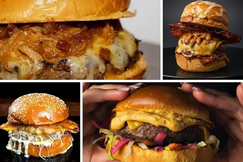 Cuatro deliciosas hamburguesas, cada una un campeón de sabor, con queso derretido, tocino crujiente y cebolla caramelizada.
