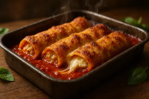 Cannellonis gratinés dans leur sauce tomate, un délice pour une recette cannelloni parfaite. La vapeur s'échappe, le fromage fond.