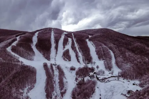 Piste innevate sul monte Zum Zeri, con alberi spogli e cielo nuvoloso.