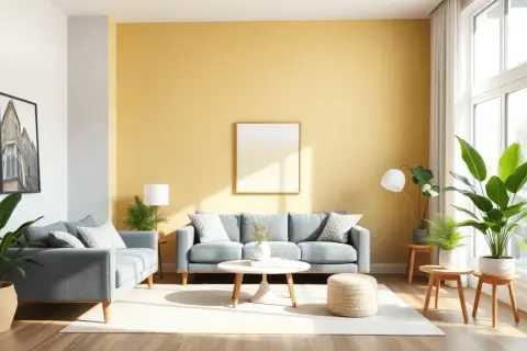 Un salon baigné de lumière avec un mur jaune soleil, des canapés gris doux et des plantes vertes luxuriantes. La couleur peinture salon lumineux crée une ambiance chaleureuse.