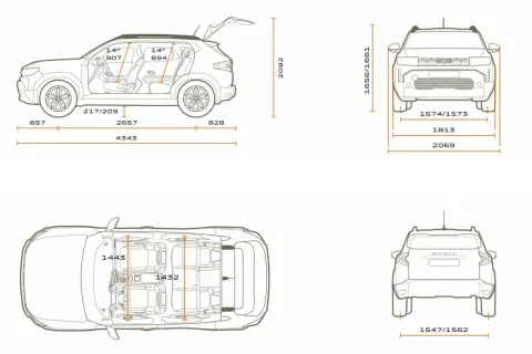 Dacia Duster wymiary: długość 4343 mm, szerokość 1813 mm, wysokość 1656/1661 mm. Widok z boku, przodu, tyłu i z góry.