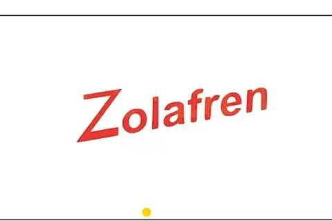 Czerwony napis Zolafren na białym tle. Pod napisem mała żółta kropka.