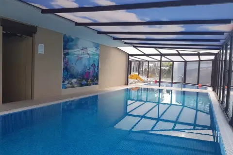 Basen w Villa Buki Jastrzębia Góra z podwodnym motywem na ścianie i sufitem imitującym niebo.