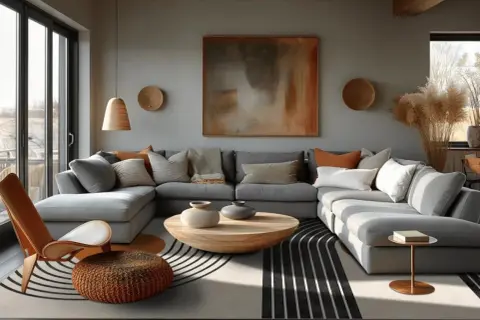 En modern lounge med en stor grå soffa, ett runt träbord och en abstrakt tavla som en statement piece.