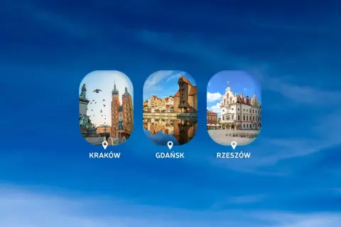 Trzy okrągłe zdjęcia polskich miast: Kraków, Gdańsk i Rzeszów, na tle niebieskiego nieba.