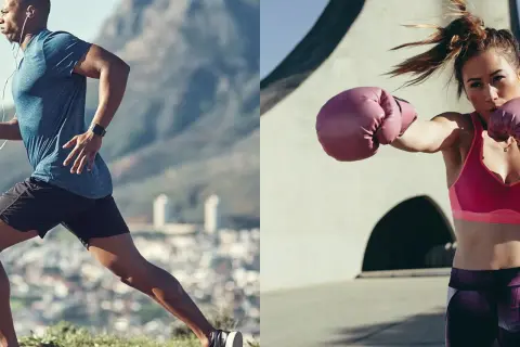 Man running outdoors, woman boxing. Both activities are great for burning calories.
