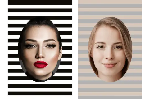 Due volti femminili. A sinistra, una donna con occhi marroni e un audace colore rossetto rosso. A destra, una donna con capelli biondi e occhi marroni.