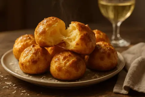 Gougeres au fromage chauds et filants, prêts à être dégustés avec un verre de vin blanc.