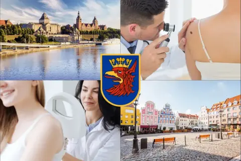 Kolaż: widok na Szczecin, dermatolog badający znamię, lekarz badający skórę pacjentki, herb Szczecina, kolorowe kamienice.