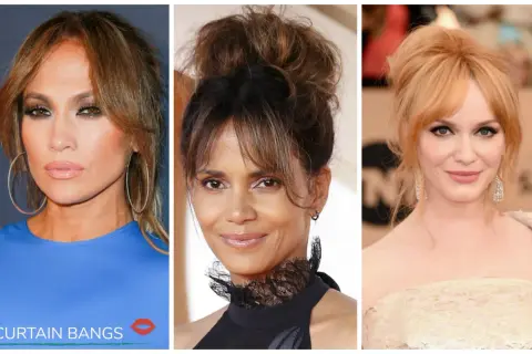 Tre kändisar med olika frisyrer. Jennifer Lopez med gardinlugg och lockigt hår, Halle Berry med en hög tofs och lugg, samt Christina Hendricks med en mjuk lugg.