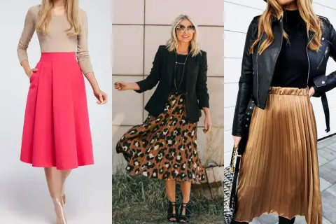 Eleganckie, modne spódnice dla starszych pań: fuksjowa, panterka i złota satynowa.