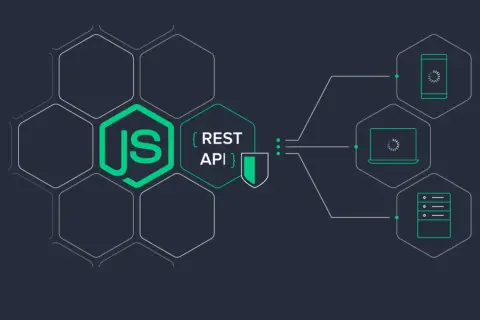 Illustration d'un logo Node.js et d'une API REST sécurisée, connectée à des appareils comme un téléphone, un ordinateur portable et un serveur. Idéal pour un tuto Node.js.
